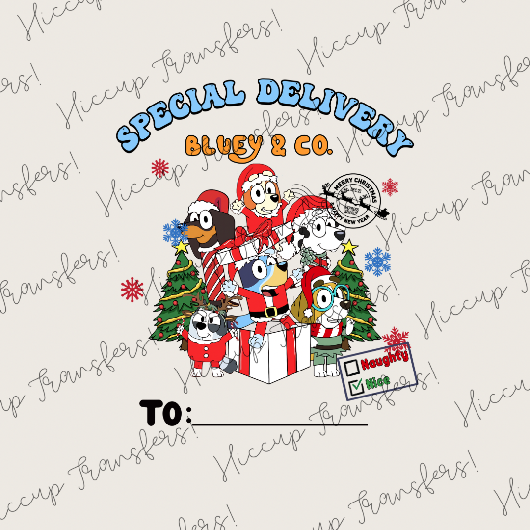 Blue Dog Special Delivery | DTF transfer | Sacks & Christmas Eve Boxes