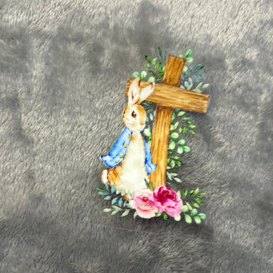 Blue Watercolour Rabbit With Flowers & Cross | UVDTF 3” Decal | Easter | Ready To Ship