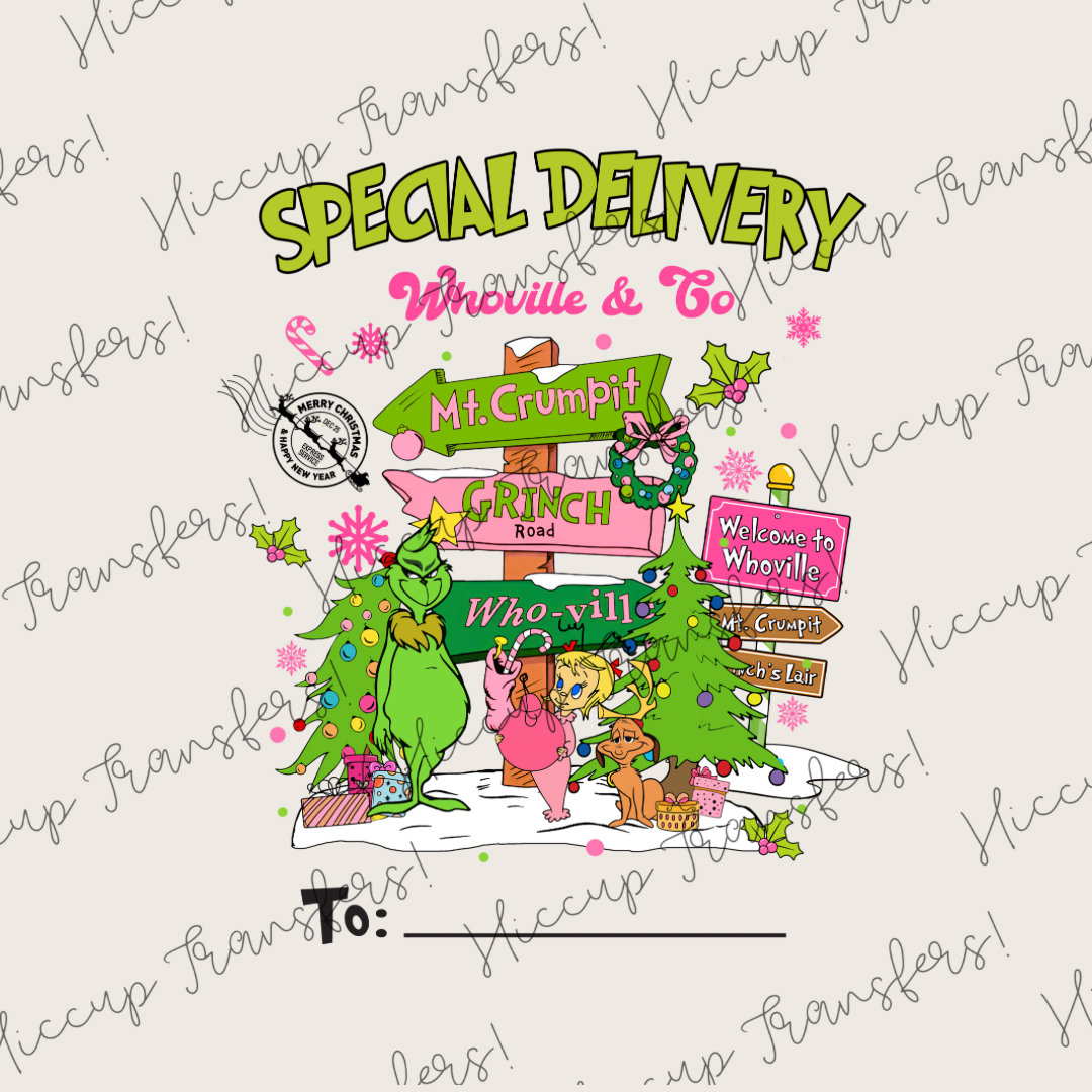 Special Delivery | DTF transfer | Sacks & Christmas Eve Boxes | Pink Green Christmas