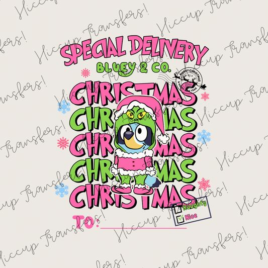 Mash Up Special Delivery | DTF transfer | Sacks & Christmas Eve Boxes | Pink Green Christmas | Blue Dog Christmas