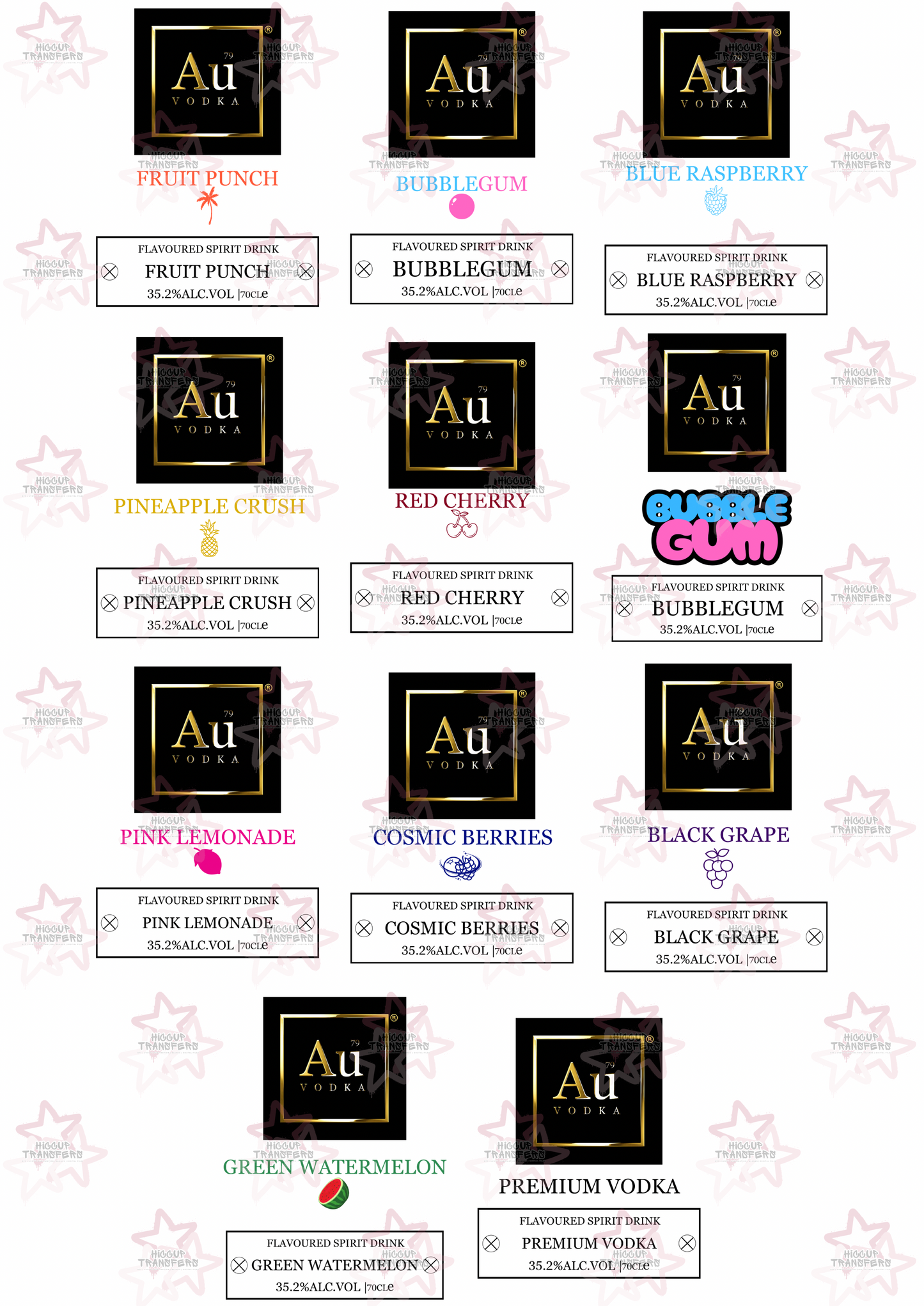 AU Vodka Colour Drinks 10 Flavours | UVDTF 3” Decal | Hiccup Exclusive Design