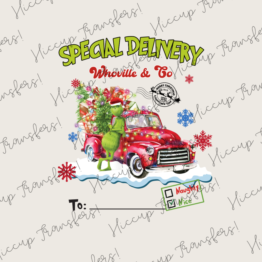 Car Special Delivery | DTF transfer | Sacks & Christmas Eve Boxes | Pink Green Christmas