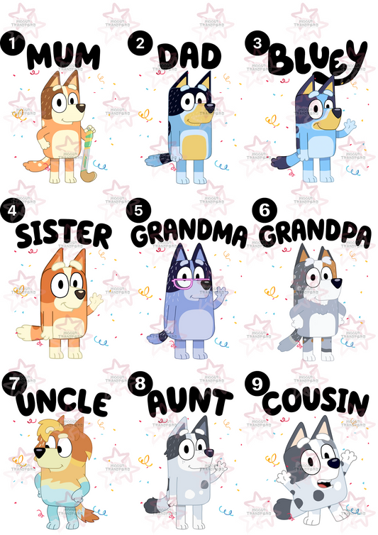 Blue Dog Family Singles With Confetti Background | UVDTF 3” / 6” / 8” Decal