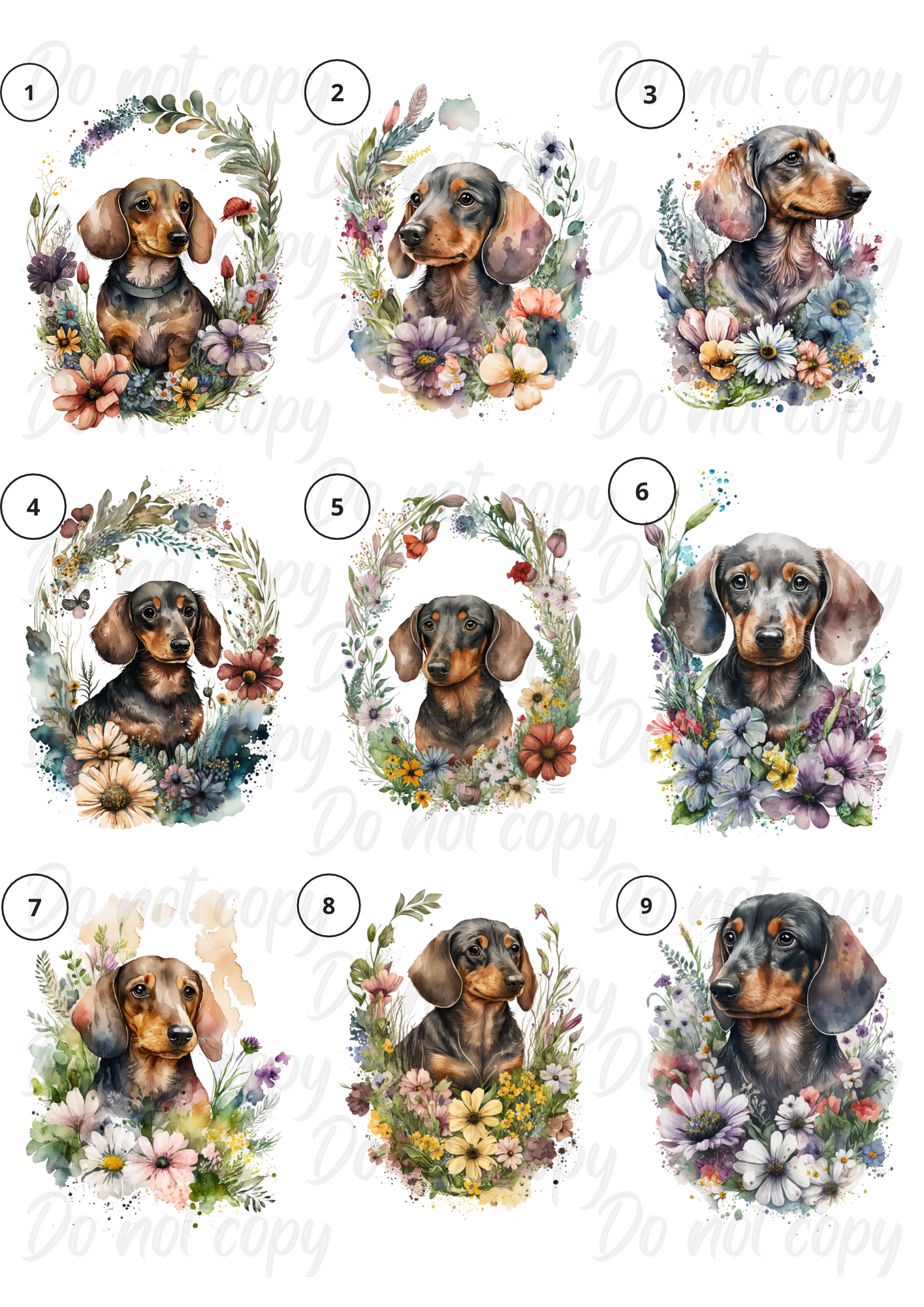 Watercolour daschund Sausage Dog Floral Choice Sheet | UVDTF 3” / 6” / 8” Decal